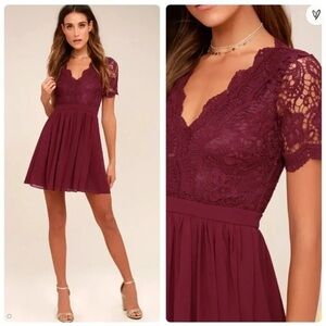 Lulus Angel in Disguise Burgundy Lace Skater Holiday Dress